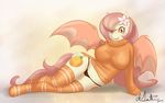  absurd_res anthro bat_pony big_breasts blush breasts cat-named-fish clothing cutie_mark digital_media_(artwork) equine fan_character female fur hair hi_res hooves legwear long_hair looking_at_viewer mammal membranous_wings my_little_pony open_mouth orange_eyes panties pink_hair smile solo stockings sweater thestral underwear wings 