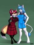  anthro black_nose blue_hair canine clothed clothing digitigrade dress duo feline female fox fur hair long_hair looking_at_viewer mammal multicolored_hair one_eye_closed open_mouth ponytail siberwar smile standing tail_tuft tattoo tuft wink 
