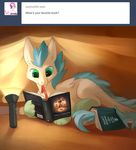 2014 ambiguous_gender ask_blog asphagnum blue_hair book claws dragon fan_character feathers feral fur furred_dragon green_eyes hair holding_book mammal patch_(character) paws smile solo tumblr white_fur wings 