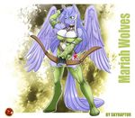  2014 anthro armor blue_hair bow breasts cleavage clothed clothing equine fan_character female fingerless_gloves gauntlets gloves green_eyes hair horn mammal mariah_wolves_(mlp) my_little_pony one_eye_closed skyraptor solo standing white_hair winged_unicorn wings 