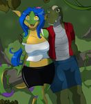  absurd_res anthro arm_around_shoulders big_breasts blue_eyes blue_hair breasts cainesart clothed clothing crocodile crossed_legs duo female flower forest gecko geecku grass green_body hair happy hi_res las_lindas lizard looking_at_viewer male midriff mogmaw navel open_mouth outside plant reptile scalie shirt shorts skimpy smile standing stripes thick_thighs tongue tree white_hair wide_hips yellow_body yellow_eyes 