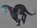  2014 alien ambiguous_gender claws cyan_eyes drooling feral glowing grey_background monster multiple_eyes mutisija open_mouth plain_background running saliva scales scar sharp_teeth solo spikes teeth tongue 