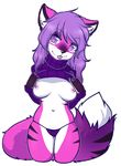  2014 alpha_channel anthro black_nose breasts canine clothing female flashing fox fur hair looking_at_viewer mammal nipple_piercing nipples panties partially_clothed piercing pink_fur pink_nipples plain_background purple_eyes purple_fur purple_hair selene_(boha) shirt shirt_lift solo sweater tongue tongue_out transparent_background underwear white_fur zyira 
