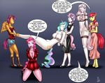  2014 amber_eyes anthro anthrofied apple_bloom_(mlp) blue_eyes boots breasts cleavage clothed clothing cutie_mark dakuroihoshi dialogue dress english_text equine eyes_closed female fleur_de_lis_(mlp) friendship_is_magic green_eyes group hair high_heels horn horse mammal multicolored_hair my_little_pony nipples nude pegasus pink_hair pinkie_pie_(mlp) pony princess_celestia_(mlp) purple_eyes purple_hair pussy rope rope_bondage scootaloo_(mlp) sweetie_belle_(mlp) text two_tone_hair unicorn wings 