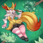  2014 anthro biting_lip blush braixen breasts canine chest_tuft clothing edit female fox fur geekidog gloves grass inner_ear_fluff legwear lying mammal nintendo nipples on_back pok&eacute;mon pussy red_eyes red_nose small_breasts solo stick stockings teeth tree tsundereia tuft video_games wide_hips yellow_fur 
