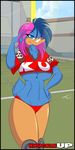  anthro avian bird blue_eyes breasts clothing duck female football_field hair hand_in_hair jupiter_(character) looking_at_viewer mastergodai multicolored_hair shirt solo standing under_boob 