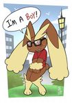  bottomless clothed clothing english_text eyewear gender_confusion glasses half-dressed looking_at_viewer lopunny male nintendo outside pok&eacute;mon solo sweat takataka talking_to_viewer text video_games 