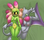  2014 ? aerodactyl anthro anthrofied areola big_breasts bite blush breasts cradily duo elpatrixf female green_eyes hi_res navel nintendo nipples nude pok&eacute;mon pok&eacute;morph pussy standing tentacles video_games wings 