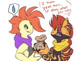  alternate_color anthro bag beelzemon_(artist) dialogue duo eye_contact fan_character ga&euml;l_the_scrafty giving humor male mohawk nintendo no_homo pok&eacute;mon pun scrafty sweat sweatdrop video_games 