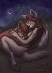  anthro bluari canine couple crescent_moon cuddling cute duo eyes_closed female firefly hug love male mammal meadow moon nature night nude outside romantic sleeping smile straight 