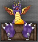  ball bdsm bondage bound claws dragon feet_stocks foot_focus gag heyitshappydoodles male paws saliva scalie slobber solo spyro spyro_the_dragon stocks tickling video_games 