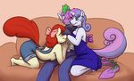  2014 anthro anthrofied apple_bloom_(mlp) blush bow breasts clothing dragon dress equine ethanqix female friendship_is_magic fur green_eyes group hair horn horse kneeling male mammal my_little_pony older one_eye_closed pony scalie side_boob sitting smile sofa spike_(mlp) straight sweetie_belle_(mlp) two_tone_hair unicorn watermark white_fur 