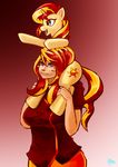  2014 beauty_mark blue_eyes checkerboardazn clothing cutie_mark duo equestria_girls equine female hair horn human humanized mammal my_little_pony piggyback pointing red_hair sunset_shimmer_(eg) unicorn 