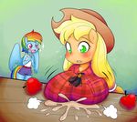  2014 anthro apple applejack_(mlp) basketgardevoir blonde_hair blush breasts clothing duo equine female friendship_is_magic fruit green_eyes hair horse mammal multicolored_hair my_little_pony pegasus pony ponytail rainbow_dash_(mlp) rainbow_hair squash squish sweat table wings 