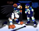  2014 anthro avian beak bird catmonkshiro clothing duck helmet hockey hockey_player ice ice_skates jersey male pheagle puffin skates torn_clothing transformation 