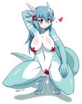  &lt;3 2014 4_toes airlemi anthro aqua_hair arm_behind_head big_breasts blue_hair blush breasts dragon female hair kemono long_hair looking_at_viewer navel nipples nude pasties pinup plain_background pose red_eyes scalie skykain solo thick_thighs toes white_background 