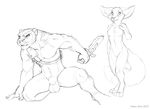  adam_wan anthro balls breasts canine duo feline female fennec fox knife male mammal monochrome muscles nude panther 
