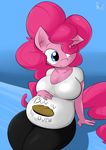  anthro big_breasts blue_eyes breasts cleavage clothed clothing equine female friendship_is_magic fur hair hooves horse long_hair mammal my_little_pony pink_fur pink_hair pinkie_pie_(mlp) pony pregnant sanders sitting smile solo 