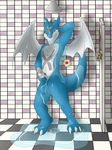  2014 abs anthro balls bandai blue_body claws digimon exveemon kotetsu_rexen looking_at_viewer male masturbation nude penis red_eyes shower solo text water white_body wings 