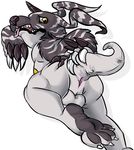  2014 alternate_color anthro anus backsack balls bandai beelzemon_(artist) colored digimon foot_focus gabumon looking_back lying male nude on_front pelt plain_background presenting presenting_anus raised_tail rear_view scalie solo tongue white_background 