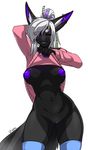  anthro black_fur blush bottomless breasts canine clothed clothing female fur hair half-dressed looking_at_viewer mammal nipples one_eye_closed partially_clothed pussy satsukii shirt shirt_lift smile solo white_hair wink 