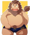  2016 96tning anthro belly blush brown_fur bulge clothed clothing feline fur humanoid_hands lion male mammal moobs navel overweight overweight_male pink_nose simple_background solo topless underwear yellow_eyes 