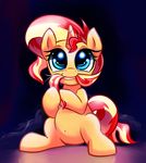  2014 blonde_hair blue_eyes eating_hair equestria_girls equine female gsphere hair horn looking_up mammal my_little_pony red_hair sitting solo sunset_shimmer_(eg) unicorn 