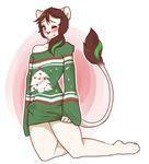 blush bottomless brown_hair clothed clothing creams feline girly green_eyes hair half-dressed kneeling leo_nine lion male mammal one_eye_closed ponytail solo sweater tenting wink 