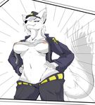  anthro breasts canine clothed clothing female hands_on_hips mammal midriff navel rheumatism skimpy solo standing under_boob wide_hips wolf 