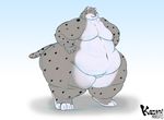  2014 4_fingers anthro big_butt butt cat feline fur grey_fur kazecat leopard male mammal morbidly_obese navel nude overweight plain_background snow_leopard solo thick_thighs white_fur 