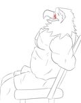  2014 anthro avian beak biceps big_muscles bird blush chair clothing eagle embarrassed eyes_closed feathers male muscles nihaw one_eye_closed pecs plain_background pose shirt shorts sitting solo toned vest white_background 