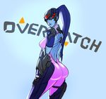  alien armor big_booty blue_skin breasts butt eyewear female goggles humanoid not_furry overwatch ponytail rubber shiny side_boob suit widowmaker 