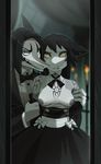  anthro black_fur black_hair bow_tie breasts clothed clothing creepy dress duo exposed female fur hair looking_at_viewer male markings mirror murcifer nipples nude pale_skin reflection suit yellow_sclera 