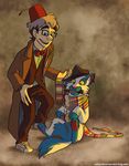  anthro bow_tie canine crossover doctor_who eyewear fedora feral fez finch_(nqn) glasses hat headwear human male mammal not-quite-normal nqn scarf shady_(nqn) sitting smile sonic_screwdriver 