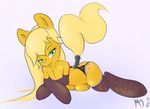  2014 absurd_res applejack_(mlp) blonde_hair clothed clothing cutie_mark earth_pony equine female feral friendship_is_magic green_eyes hair hi_res horse looking_at_viewer mammal mdgusty my_little_pony panties plain_background pony quadruped smile socks solo teats underwear 