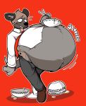  2018 aggressive_retsuko anthro belly big_belly boot_(artist) bowl brown_fur chopsticks clothing food fur haida hyena male mammal necktie noodles overweight pants ramen red_background shirt simple_background stomach_noises sweat tongue tongue_out unbuttoned 