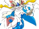  blue_eyes blush censored dragon female furred_dragon japanese_text kemono plain_background pussy pussy_juice shaorune solo spread_pussy spreading tales_of_rebirth text video_games white_background ぎぃ 