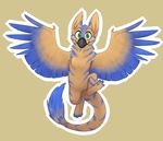  avian beak beige_background cute dragon-chan feathers featureless_crotch feral fur green_eyes gryphon inner_ear_fluff kona looking_at_viewer male nude paws prehensile_feet smile solo striped_fur stripes tail_tuft toeless_(marking) tuft wings 