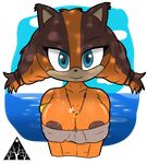  animal_ears areolae armband badger_ears bandeau bare_shoulders blue_eyes bluelimelight braid breasts brown_hair cleavage dark_areolae furry highres inverted_nipples jewelry large_breasts long_hair low-tied_long_hair low_twintails necklace nipple_slip nipples orange_skin solo sonic_boom_(game) sonic_the_hedgehog sticks_the_badger sweat twin_braids twintails upper_body v_arms 