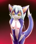  2014 anthro blue_fur blue_hair blush breasts female fur hair looking_at_viewer monster_hunter nargacuga nipples pussy pussy_juice raaggu solo video_games white_fur yellow_eyes 