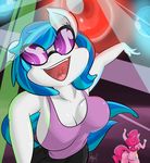  anthro big_breasts blue_hair breasts butt cleavage clothed clothing cutie_mark dancing duo equine eyewear female friendship_is_magic fur glasses hair horse long_hair looking_at_viewer mammal my_little_pony open_mouth pink_fur pink_hair pinkie_pie_(mlp) pony rear_view sanders smile two_tone_hair vinyl_scratch_(mlp) white_fur 