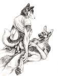  2014 alsatian anal anal_penetration anatomically_correct animal_genitalia anthro anus balls black_nose bottomless canine claws clothed clothing cowgirl_position dog duo erection eyes_closed gay german_shepherd half-dressed husky kenket knot male mammal nude on_top paws penetration penis raised_tail sex shirt smile straddling teeth tongue tongue_out 