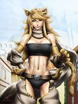 akame_ga_kill! animal_ears blonde_hair cat cat_ears cat_tail clothed clothing feline female hair humanoid kkr222 leone long_hair looking_at_viewer mammal outside solo standing yellow_eyes 