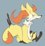 ambiguous_gender anthro bamfzagoon braixen butt canine digitigrade fox looking_at_viewer looking_back mammal nintendo plain_background pok&eacute;mon red_eyes sitting solo video_games 