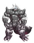  2014 aggron anthro armor biceps big_muscles blue_eyes claws horn male muscles nintendo nude open_mouth pecs plain_background plain_white pok&eacute;mon smile solo teeth toned tongue video_games 