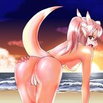  2014 anthro anus beach breasts butt cloud dragon female hair looking_back nipples nude open_mouth orange_body outside pink_hair presenting presenting_pussy pussy raaggu raised_tail red_eyes sand scalie seaside side_boob sky solo tears water 