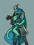  &lt;3 anthro armor cape clothed clothing colored crown duo female green_skin helmet horn hug human knight kobold male mammal plain_background princess royalty scalie size_difference skimpy towergirls unknown_artist 