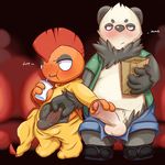  anthro balls blush clothing duo eating exhibitionism foreskin_play foreskin_pull gay handjob hollo_nut male movie_theater mutual_masturbation nintendo open_pants pangoro pants penis pok&eacute;mon poking_out precum public scrafty uncut video_games 