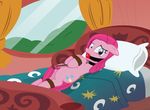  2014 ball_gag bdsm bed blue_eyes bondage bound bush collar curtains cutie_mark equine female friendship_is_magic gag horse looking_at_viewer mammal my_little_pony pillow pinkamena_(mlp) pinkie_pie_(mlp) pony radiantrealm rope rope_bondage solo window 