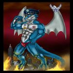  abs anthro bandai biceps blue_skin building claws clothed clothing digimon dragon exveemon flexing grey_skin half-dressed hat horn looking_at_viewer macro male muscles nipples pecs pose reptile scales scalie solo thong toe_claws topless wings 